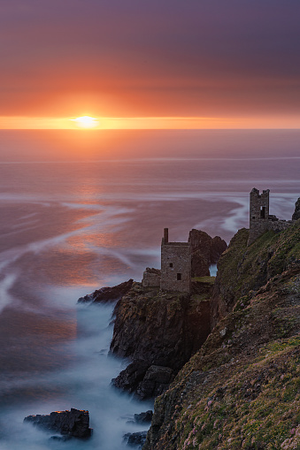 Crowns Engine Houses at sunset, Botallack Mines, Cornwall, United Kingdom
