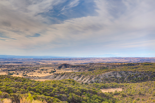 Panoramic view of the dry lands in Los Monegros, Aragon.