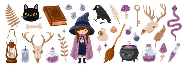 Vector illustration of Little witch, black cat, raven, deer skull, cauldron, runes and magic potion. Witch mystical attributes, witchcraft elements. Set of vector cartoon hand drawn isolated illustrations.