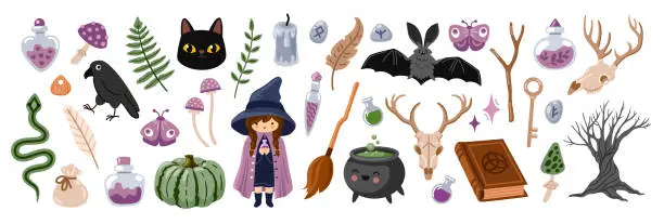 Vector illustration of Witchcraft graphic elements set. Spell book, cauldron, magic potion, cute little witch, raven, black cat. Witch mystical attributes. Halloween collection of flat vector hand drawn illustrations.