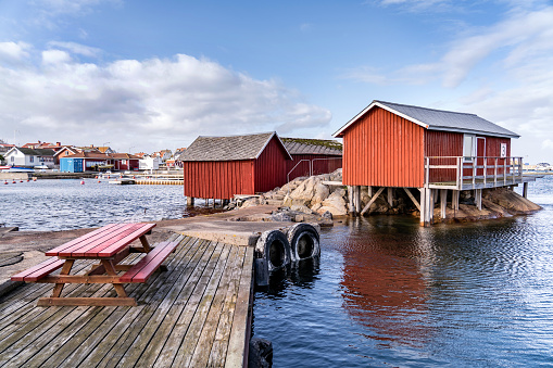 red houses in the harbor of Källö-Knippla island, northern archipelago (Schärengärten) off Gothenburg, Sweden