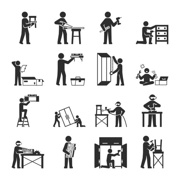 Assembling furniture icons set. Furniture production, installation and assembly. Man with tools. Repairer. isolated symbol Assembling furniture icons set. Furniture production, installation and assembly. Man with tools. Vector black and white icon. Repairer. isolated symbol furniture instructions stock illustrations