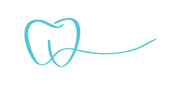 Blue tooth logo icon and line for text for dentist or stomatology dental care design template. Vector isolated line contour tooth symbol for dental clinic or dentistry medical center and toothpaste.