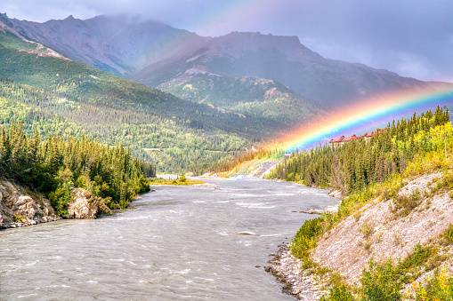 Beautiful rainbow over the Nenana River in Denali National Park, Alaska