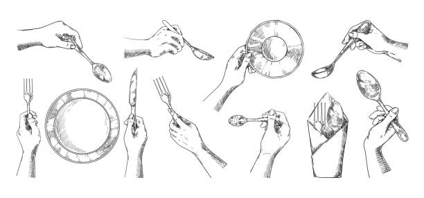 stockillustraties, clipart, cartoons en iconen met sketch hands with cutlery. top view of vintage dish on dinner table. fork and knife in arms. napkin and spoon. lunch serving. person holding silverware. vector isolated tableware set - bistrosetje van boven