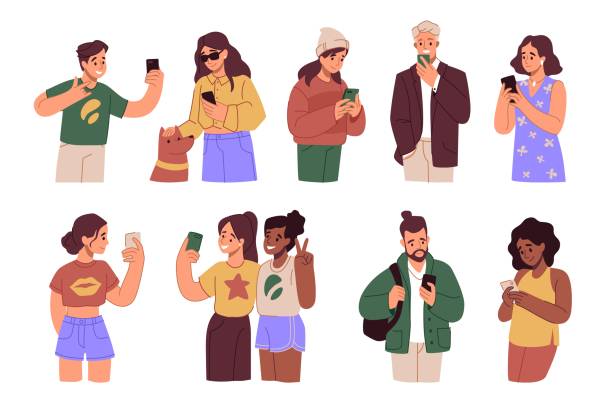 People holding phones. Happy men and women, person talking and online chatting. Reaction and emotions on smartphones. Young boys and girls technology or internet communication vector set People holding phones. Happy men and women, person talking and online chatting. Reaction and emotions on smartphones. Young boys and girls with gadget, technology or internet communication vector set girl texting on phone stock illustrations