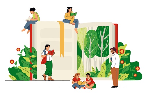 People read book story. Dream Day festival in open library. Family education poster. Graphic night trees and flowers. Literature lovers enjoying. Huge textbook. Happy readers leisure. Vector concept
