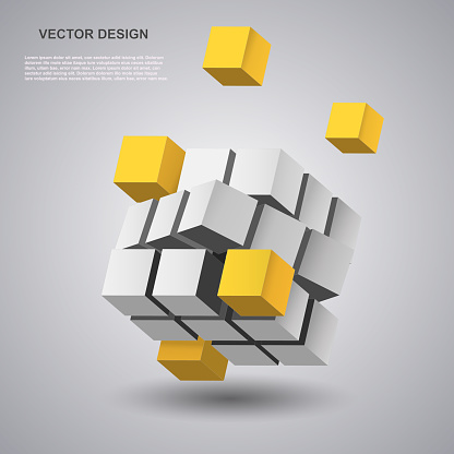 Abstract 3D cube background. Block building technology. Business presentation and futuristic box. Cubic minimal composition. Geometric perspective shapes. Square render forms. Vector concept template