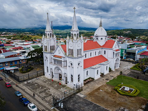 Beautiful aerial view of the San Ramon Church and town in Costa Rica