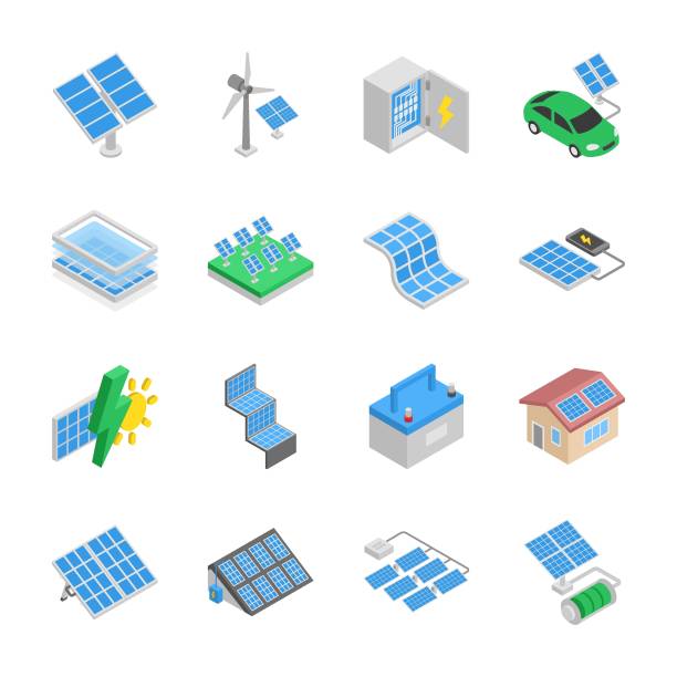 illustrations, cliparts, dessins animés et icônes de ensemble d’icônes isométriques du panneau solaire. module photo-voltaïque différent. énergie solaire - panneau solaire