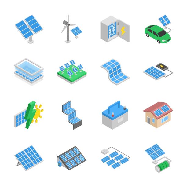 ilustrações de stock, clip art, desenhos animados e ícones de solar panel isometric icons set. different photo-voltaic module. solar power - voltaic