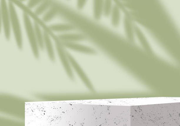 istock Cubic Exhibition Podium. Green 3D Background. Tropical leaf shadow. Stone pedestal. Display stand for cosmetic products. 3D rendering. Tropical series 1432662341