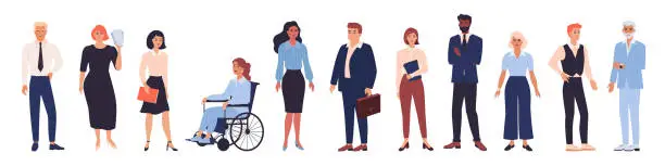 Vector illustration of Business characters. Standing women or men. Diverse people. Office employee in suit. Company workers. Colleagues work team. Corporate staff. Disabled manager. Vector isolated persons set