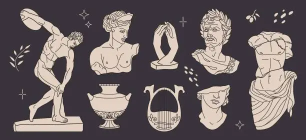 Vector illustration of Ancient Greek mythology sculptures. Greece art statue, fun culture elements, modern gods and goddess, harp and vase, decorative historical objects collection. Vector cartoon flat set