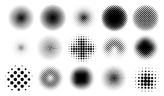 Circle half tone dot patterns. Graphic gradient with spray effect. Gradation round dotted texture. Geometric fade points. Abstract shapes. Comic monochrome isolated elements set. Vector background