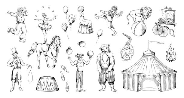 Circus vintage old sketch. Acrobat and juggler. Animals tricks. Park amusement. Clown fair entertainment. Artists performance engraving elements. Carnival marquee. Vector doodle set Circus vintage old sketch. Retro acrobat and juggler. Animals tricks. Park amusement. Clown fair entertainment. Artists performance engraving elements. Carnival marquee. Vector doodle drawing set popcorn trick stock illustrations