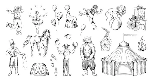 Vector illustration of Circus vintage old sketch. Acrobat and juggler. Animals tricks. Park amusement. Clown fair entertainment. Artists performance engraving elements. Carnival marquee. Vector doodle set
