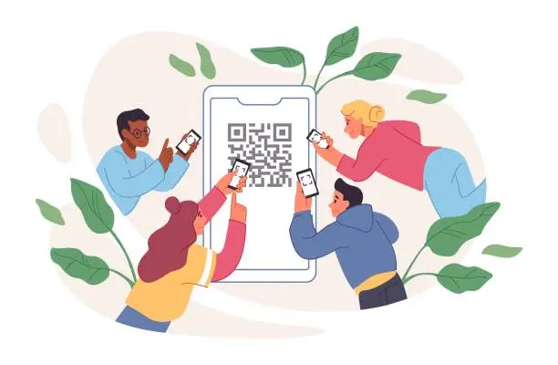 Vector illustration of People scanning QR code. Card payment by phone. Business pay. ID label sign. Community credit app. Online technology. Smartphone screen. Barcode scanner. Vector illustration poster