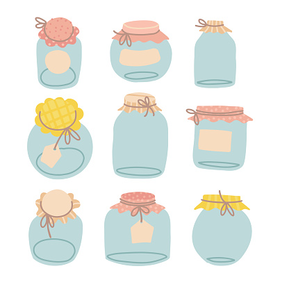 Set of empty glass jars for canning and preserving isolated on white background. Collection of glass different sizes jars with lids in hygge hand drawn style. Flat hand drawn Vector illustration