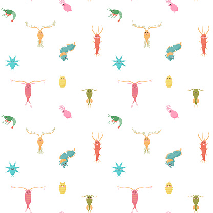 Cute zooplankton seamless pattern, flat vector illustration on white background. Cartoon characters of underwater life inhabitants. Childish plankton animals.