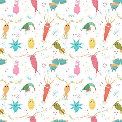Marine seamless pattern design with zooplankton crustaceans and organisms, flat cartoon vector illustration on white background. Repeatable endless design with plankton.
