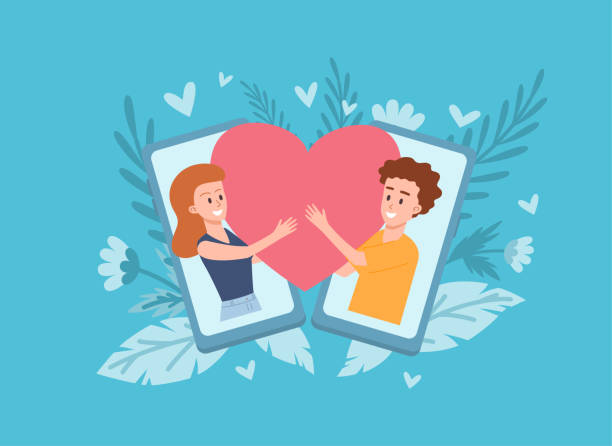 istock Man and woman in long distance relationship, flat vector illustration on blue background. 1432665745