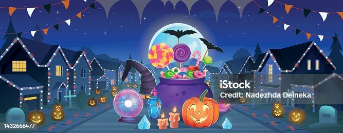 istock Suburban houses, street with cottages with garages with big moon and fog on Halloween at night.Halloween pumpkins with sweets, witch hat, cauldron, potions, crystals and candles. A street of houses. 1432666477