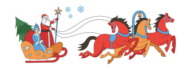 istock Three horses. Russian Santa Claus standing on a sleigh with Granddaughter snow maiden. Vector illustration on a white background. Retro style. 1432666484