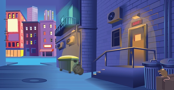 Dark back street alley with a door, a trash can at night in cartoon style. Background for games and mobile applications.