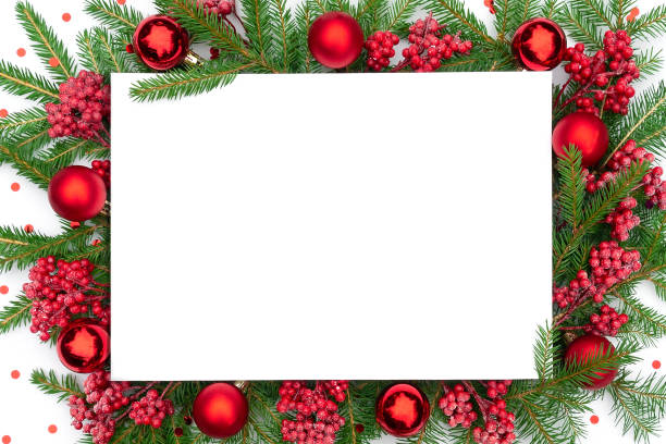 Traditional Christmas background with Christmas decorations in red colors. Christmas frame made of real spruce branches with festive decorations and confetti. Merry christmas design template. Traditional Christmas background with Christmas decorations in red colors. Christmas frame made of real spruce branches with festive decorations and confetti. Merry christmas design template. bangle photos stock pictures, royalty-free photos & images