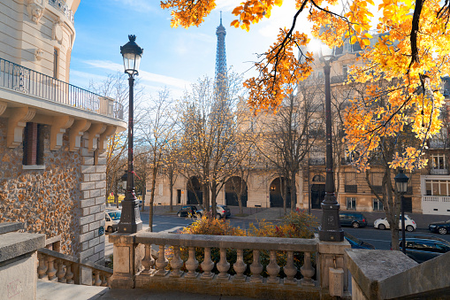 Eiffel Tower landmark and Paris city at fall, Paris France with sunshine