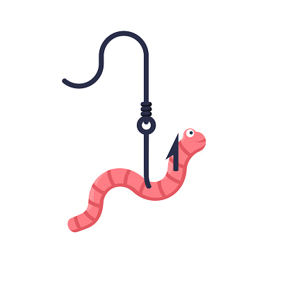 Worm on the hook. Fishing rod with a worm on the hook. Vector illustration flat design style. Fishing icon. Smiling cartoon earthworm. Isolated on white background.