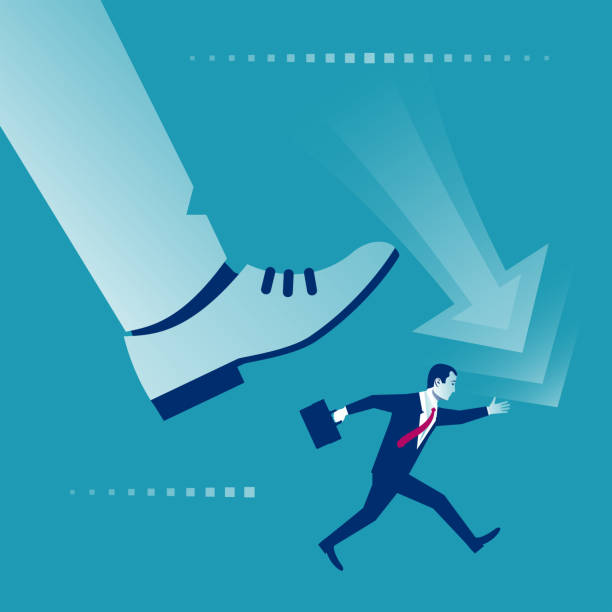 istock Risk management concept. Businessman runs away from a big leg. 1432669388