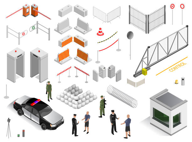 Set of elements infrastructure security military zone Set of elements infrastructure city safety and security. Different control systems . Isometric. Vector graphics military borders stock illustrations