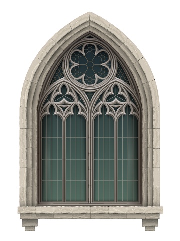 Realistic Gothic medieval stained glass window and stone arch with a shadow. Transparent shadow. Background or texture. Architectural element