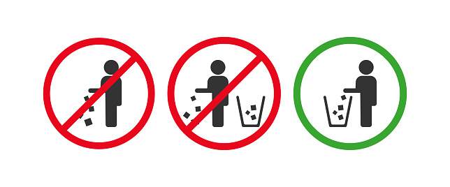 Garbage disposal signs icon set. Prohibiting the scattering of garbage and throwing garbage into the bin illustration symbol. Sign trash vector flat.