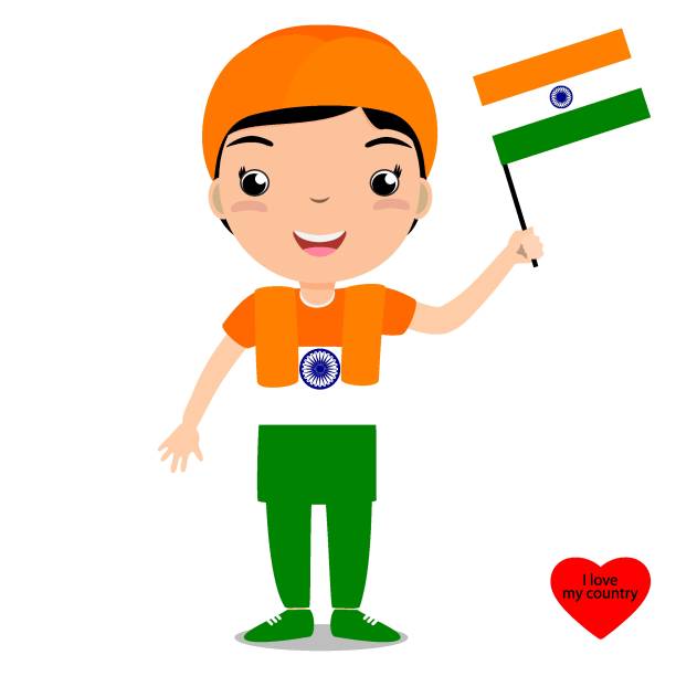 Smiling child, boy, holding a India flag isolated on white background. Vector cartoon mascot. Holiday illustration to the Day of the country, Independence Day, Flag Day. Smiling child, boy, holding a India flag isolated on white background. Vector cartoon mascot. Holiday illustration to the Day of the country, Independence Day, Flag Day. National Youth Day stock illustrations