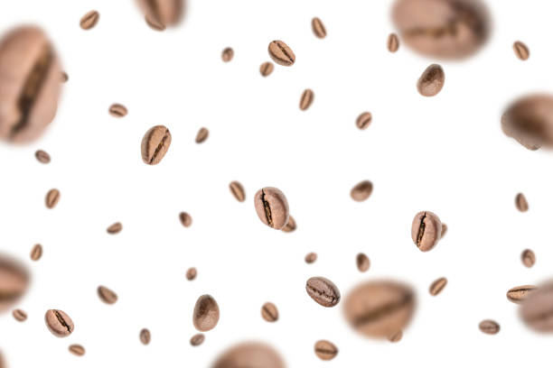istock Coffee falling bean background. Black espresso coffee bean flying on white. Aromatic grain fall isolated. Represent breakfast for energy and freshness concept. 1432672047