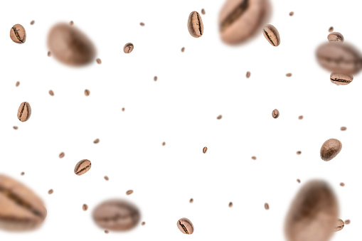 Coffee falling bean background. Black espresso coffee bean flying on white. Aromatic grain fall isolated. Represent breakfast for energy and freshness concept