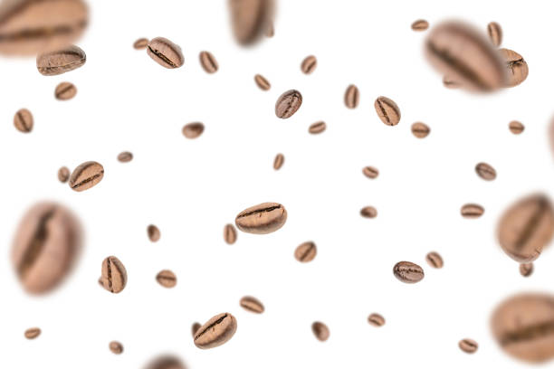 istock Coffee beans fall background. Black espresso coffee bean falling. Aromatic grain flying isolated on white. Concept for coffee product advertising. 1432672052