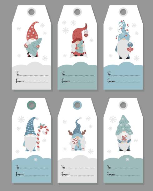 christmas gift tags. card labels with cute characters scandinavian gnomes. cute girl gnome with lollipop and male gnome christmas tree. vector illustration. isolated vertical design templates. - 玩紅燈綠燈 幅插畫檔、美工圖案、卡通及圖標