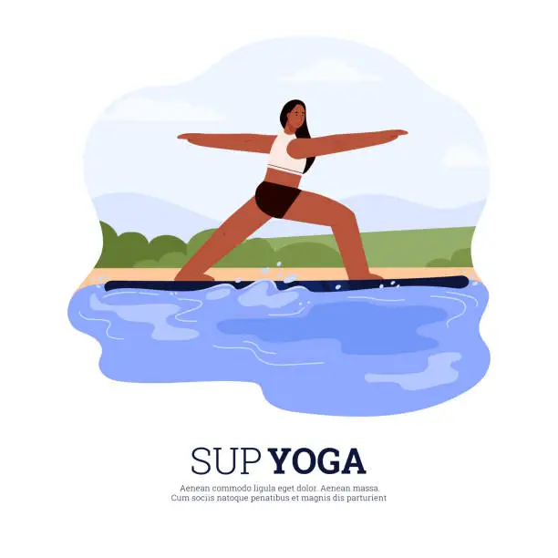 Vector illustration of SUP yoga banner or poster, emblem for water sport activity flat vector isolated.