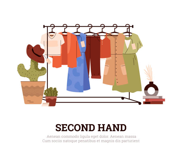 Second hand shop banner or card design cartoon flat vector illustration isolated. Second hand shop banner or card design with clothes hanger, cartoon flat vector illustration isolated on white background. Flea market or shop of used goods. fashion bazaar stock illustrations