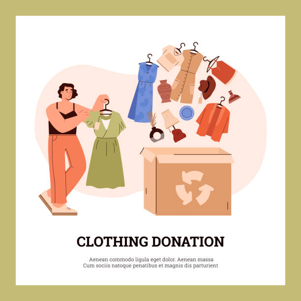 Clothing donation concept of banner or poster flat vector illustration. Clothing donation concept of banner or poster with woman packing things for charity, cartoon flat vector illustration. Volunteering and social care concept. fashion bazaar stock illustrations