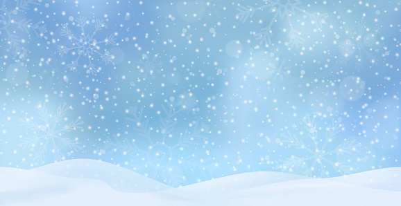 White falling snow, big snowdrifts, different snowflakes, festive Christmas background - Vector illustration