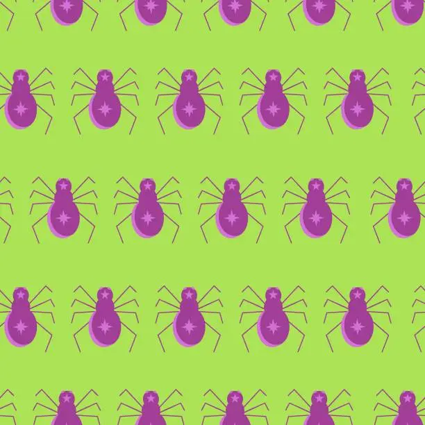 Vector illustration of Cute funy spooky purple poison scary spiders on green background seamless pattern