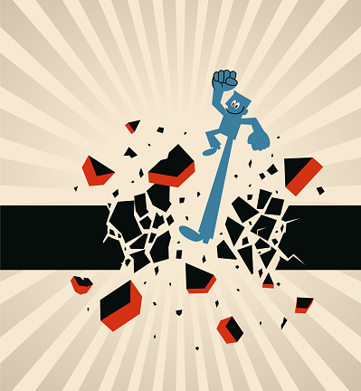 Blue Cartoon Characters Design Vector Art Illustration.
A man punches and breaks through a wall with his powerful leg, the concept of breakthrough, revolution, conquering adversity, breaking the rules, and escaping from bondage.