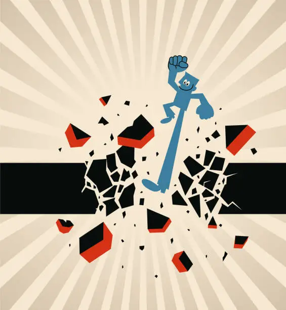 Vector illustration of A man punches and breaks through a wall with his powerful leg, the concept of breakthrough, revolution, conquering adversity, breaking the rules, and escaping from bondage