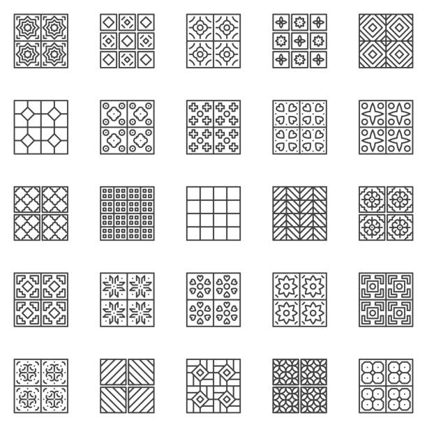 illustrazioni stock, clip art, cartoni animati e icone di tendenza di set di icone di contorno vettoriale di piastrelle - simboli lineari di piastrelle di ceramica - rectangle redecorate