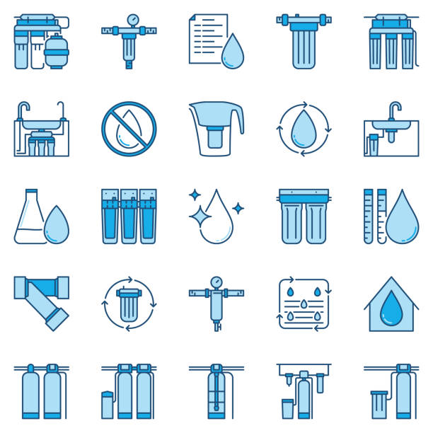 wasseraufbereitung und filter blaue konzeptvektorsymbole - water softener stock-grafiken, -clipart, -cartoons und -symbole